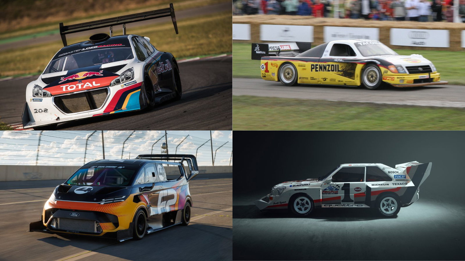 Clockwise from top left: Peugeot 208 T16, Toyota Tacoma, Audi Quattro S1 E2, Ford Transit SuperVan 4.2